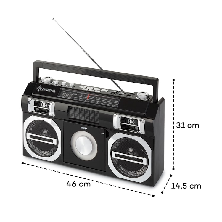 Oldschool Lettore Rétro 80's CD BT USB MP3 FM Antenna Batteria nero