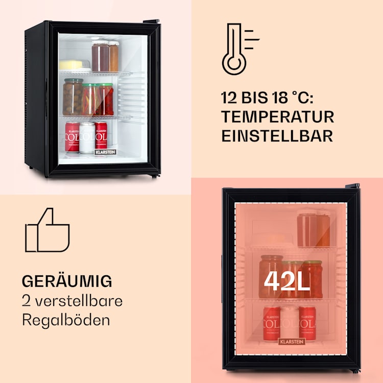 Brooklyn 42 Mini-Kühlschrank Glastür LED Ablage 42 Ltr | Schwarz / weiß