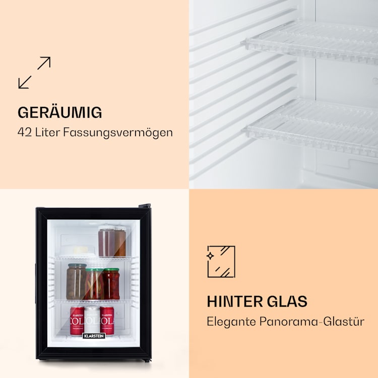 Brooklyn 42 Mini-Kühlschrank Glastür LED Ablage 42 Ltr | Schwarz / weiß