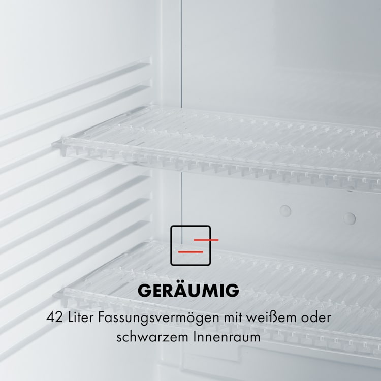 Brooklyn 42 Mini-Kühlschrank Glastür LED Ablage 42 Ltr | Schwarz / weiß