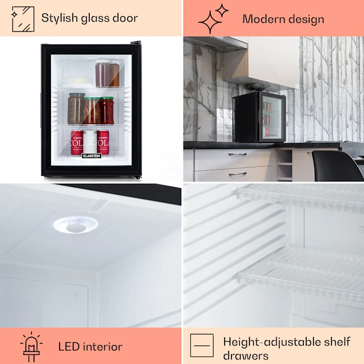 Brooklyn 42 Mini Fridge Glass Door LED Shelf 42 Ltr | Black