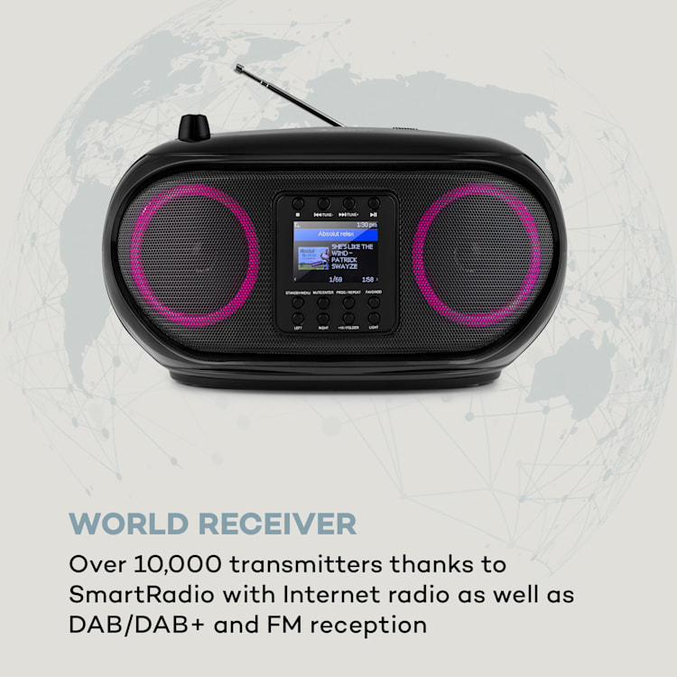 Roadie Smart, boombox, radio internetowe DAB/DAB+, UKF, odtwarzacz CD, oświetlenie LED, Wi-Fi, Bluetooth Czarny