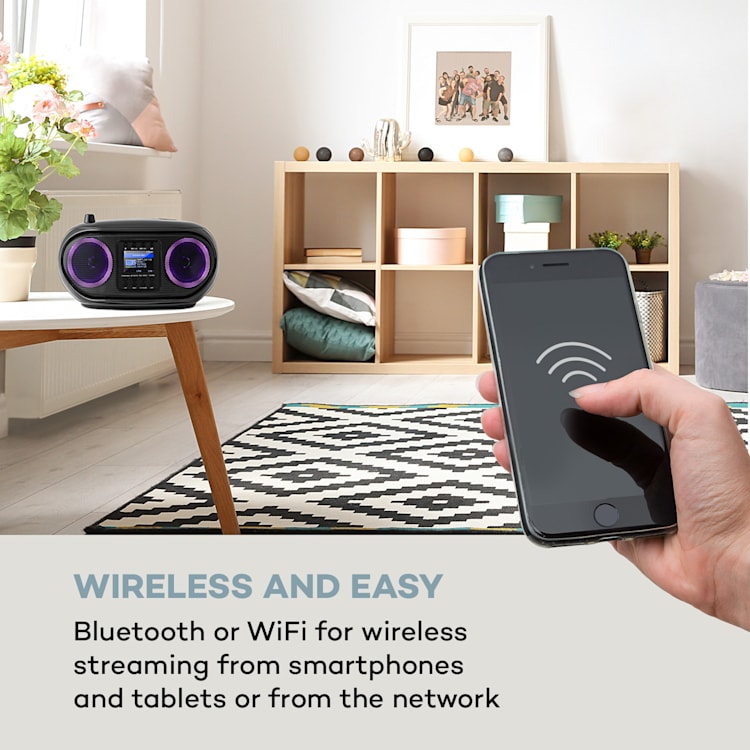 Roadie Smart, boombox, radio internetowe DAB/DAB+, UKF, odtwarzacz CD, oświetlenie LED, Wi-Fi, Bluetooth Czarny