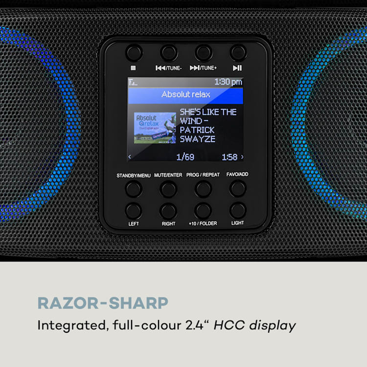 Roadie Smart, boombox, radio internetowe DAB/DAB+, UKF, odtwarzacz CD, oświetlenie LED, Wi-Fi, Bluetooth Czarny