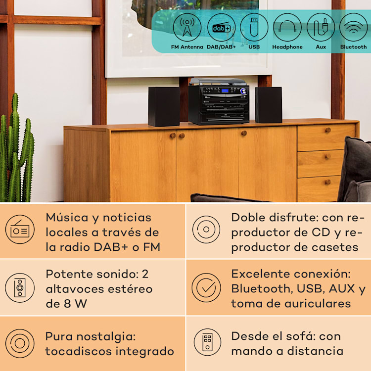 388-DAB+ Equipo estéreo 20 W máx. Vinilo CD Casete Bluetooth FM/DAB+ USB Negro