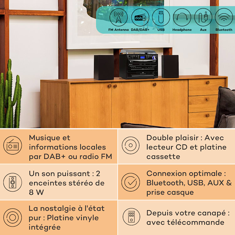 388-DAB+ Chaîne stéréo platine vinyle CD K7 Bluetooth FM DAB+ USB Noir