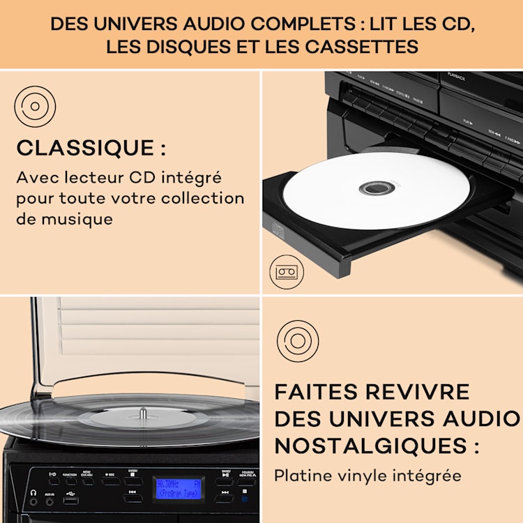 388-DAB+ Chaîne stéréo platine vinyle CD K7 Bluetooth FM DAB+ USB Noir