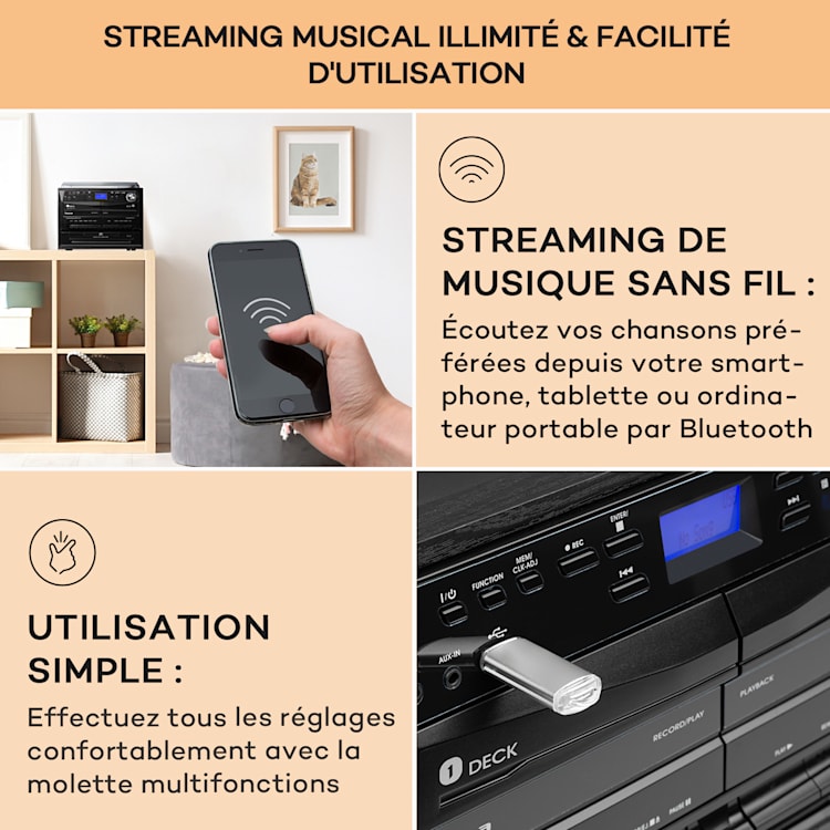 388-DAB+ Chaîne stéréo platine vinyle CD K7 Bluetooth FM DAB+ USB Noir