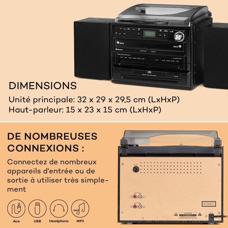 388-DAB+ Chaîne stéréo platine vinyle CD K7 Bluetooth FM DAB+ USB Noir