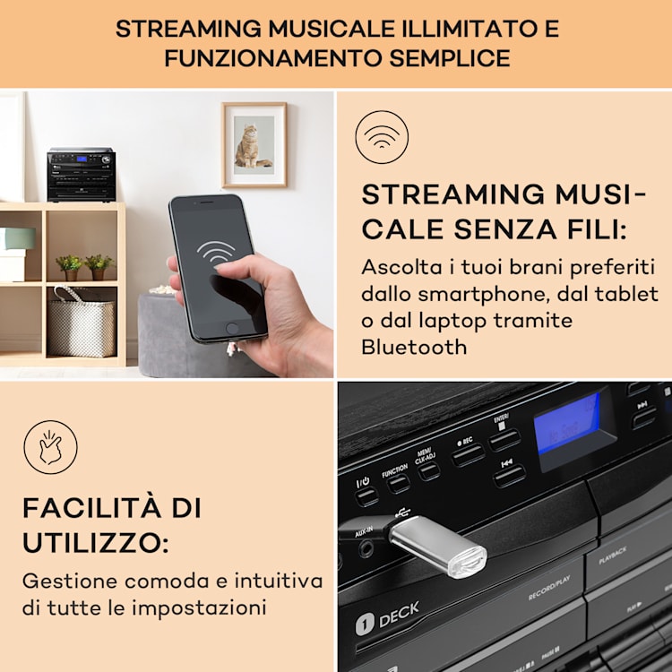 388-DAB+ Impianto Stereo 20W max. Vinile CD Cassette BT FM/DAB+ USB Legno nero