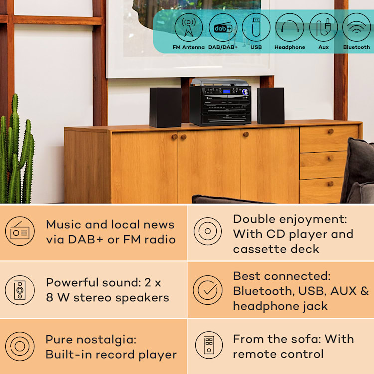 388-DAB+, wieża stereo, gramofon, odtwarzacz CD, magnetofon kasetowy, Bluetooth, FM/DAB+, USB, 20 W maks., kolor czarny Black Wood