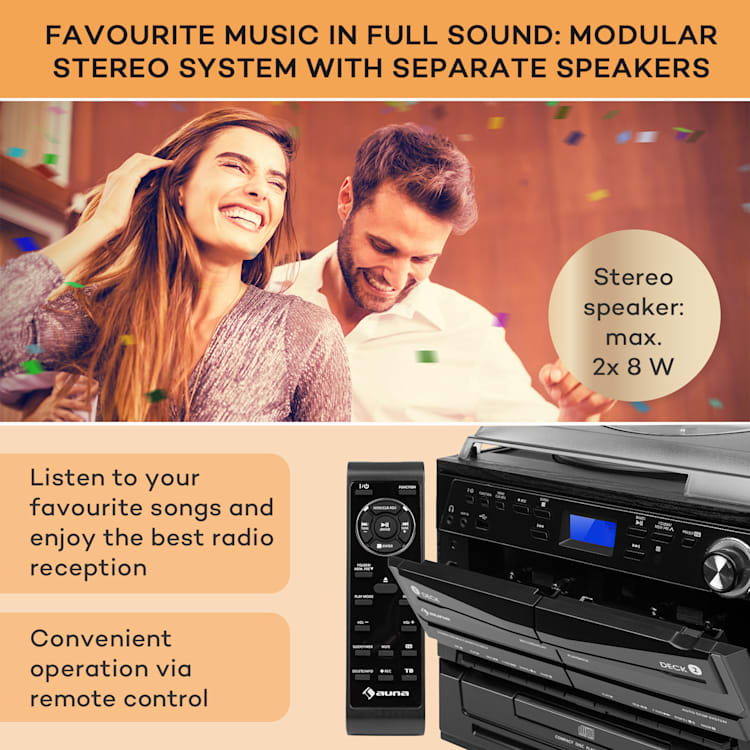 388-DAB+, wieża stereo, gramofon, odtwarzacz CD, magnetofon kasetowy, Bluetooth, FM/DAB+, USB, 20 W maks., kolor czarny Black Wood