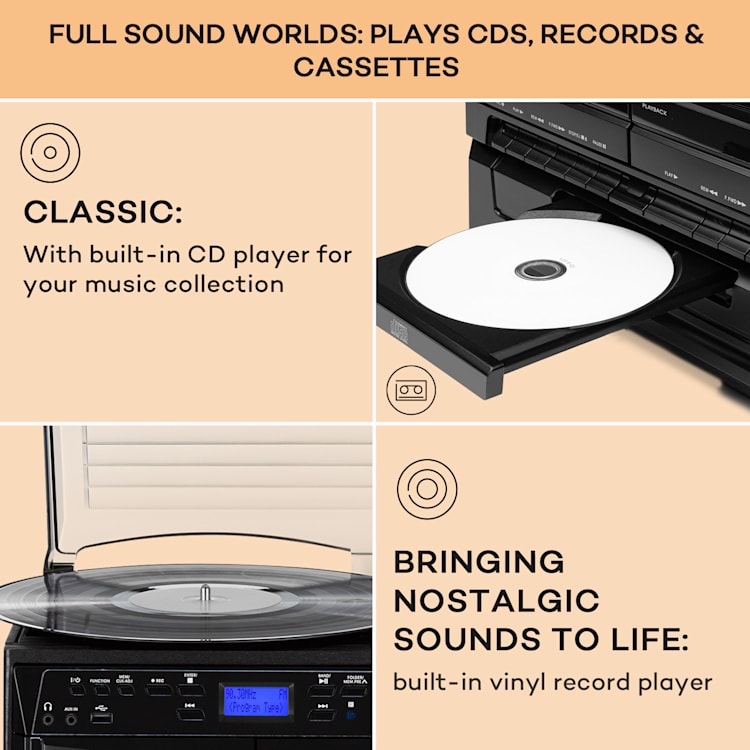 388-DAB+, wieża stereo, gramofon, odtwarzacz CD, magnetofon kasetowy, Bluetooth, FM/DAB+, USB, 20 W maks., kolor czarny Black Wood