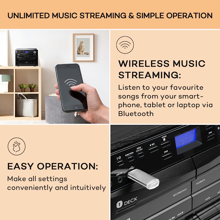 388-DAB+, wieża stereo, gramofon, odtwarzacz CD, magnetofon kasetowy, Bluetooth, FM/DAB+, USB, 20 W maks., kolor czarny Black Wood