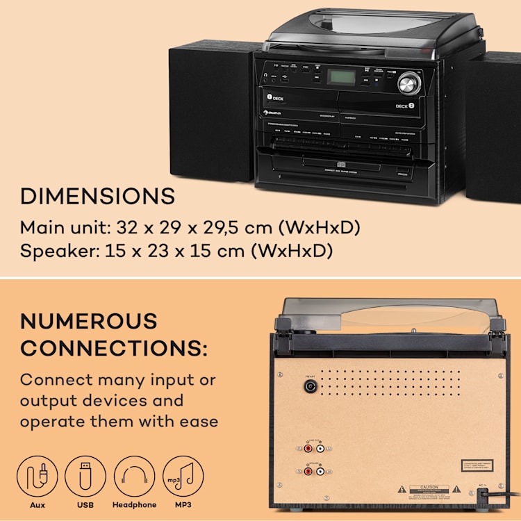 388-DAB+, wieża stereo, gramofon, odtwarzacz CD, magnetofon kasetowy, Bluetooth, FM/DAB+, USB, 20 W maks., kolor czarny Black Wood