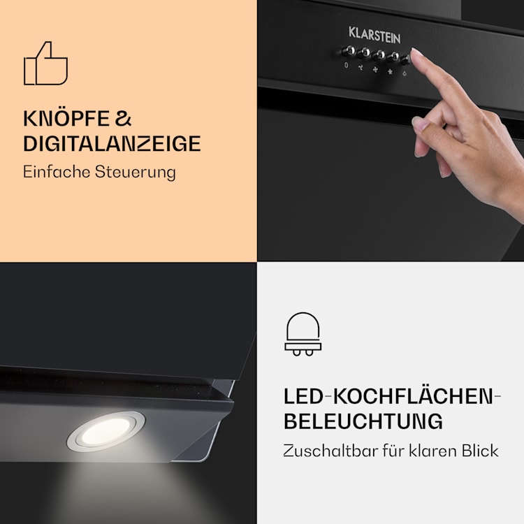 Zola 60 Dunstabzugshaube Kopffrei 60cm 190W 607m³/h LED Edelstahl/Glas 60 cm | Schwarz
