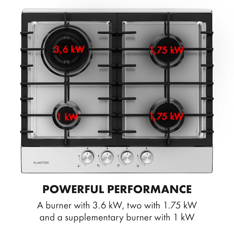 Ignito 4 Table de cuisson à gaz 4 zones 4 brûleurs - Inox argent 4 | Acier Inoxydable
