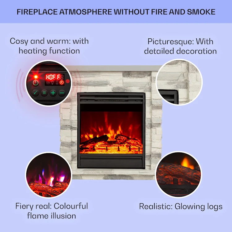 Lienz Electric Fireplace 1800W Stone Decor Polystone Remote Control Cool Gray Stone