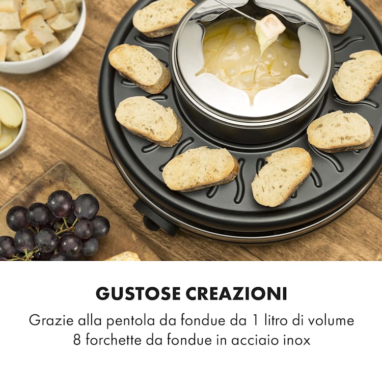 Fonduelette raclette e fonduta 1350W 1 litro 38 cm Ø per 8 persone