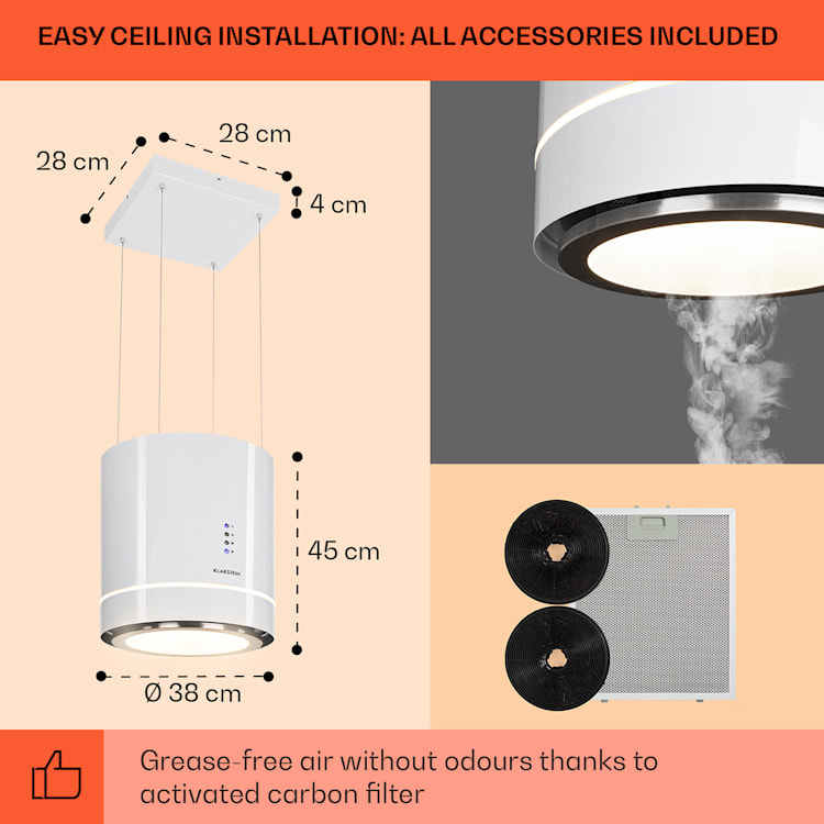 Tron Ambience, hotă de tavan, Ø 38 cm, recirculare 540 m³ / h, LED, alb Alb
