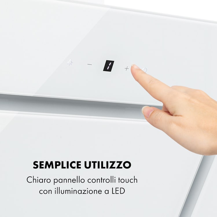 Sofia 90 Cappa Aspirante 300 m³/h Touch-Control Frontale in Vetro bianco