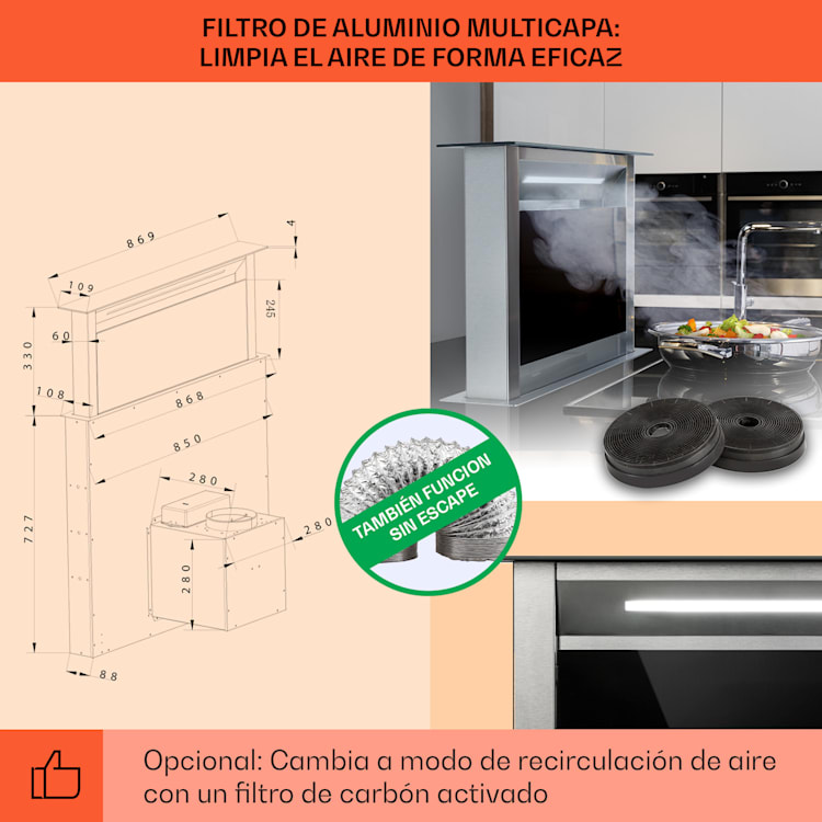 Royal Flush Eco Downdraft campana de extracción 90 cm 576 m³/h A+ 90 cm | Negro