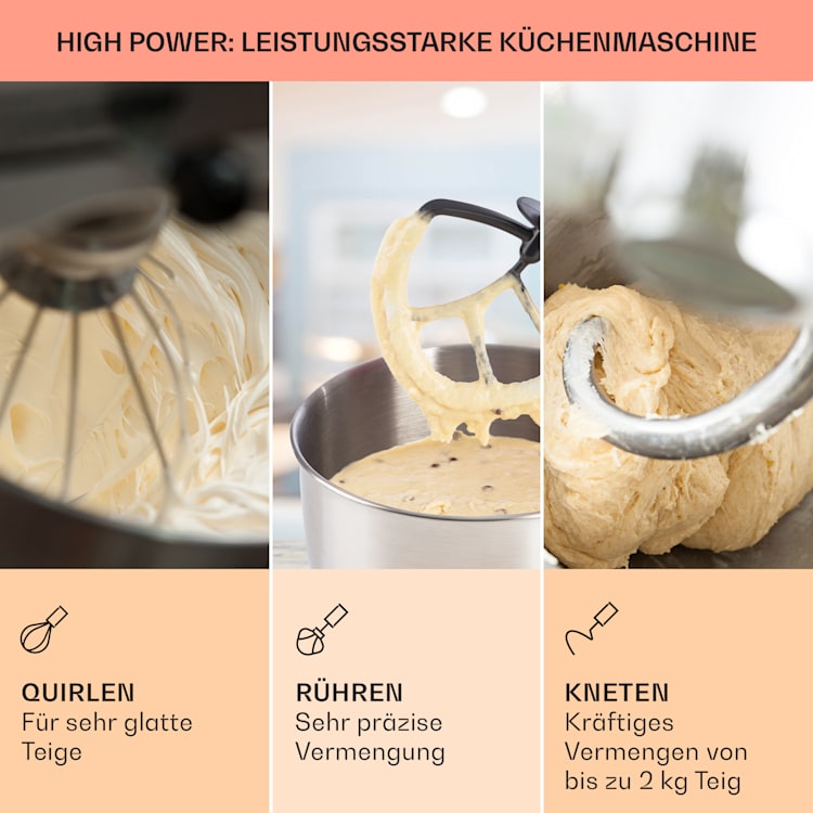 Bella Elegance Küchenmaschine 2000 W 2,7 PS 5,2 Ltr Edelstahl BPA-frei Schwarz