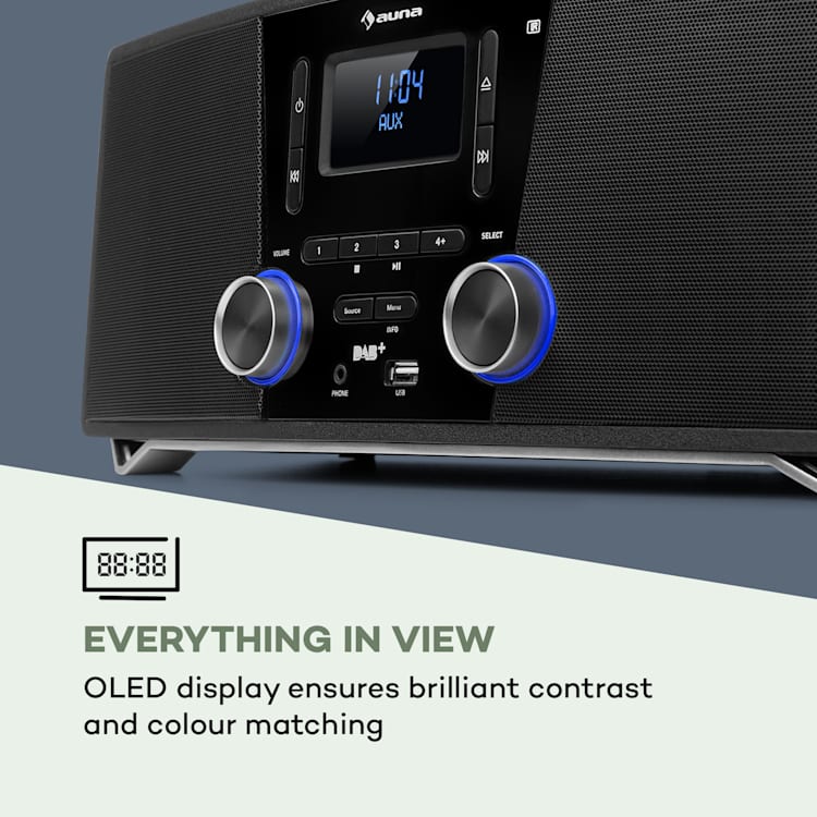 Stockton, sistem stereo micro, max. 20W, DAB +, UKW, CD player, BT, OLED, negru