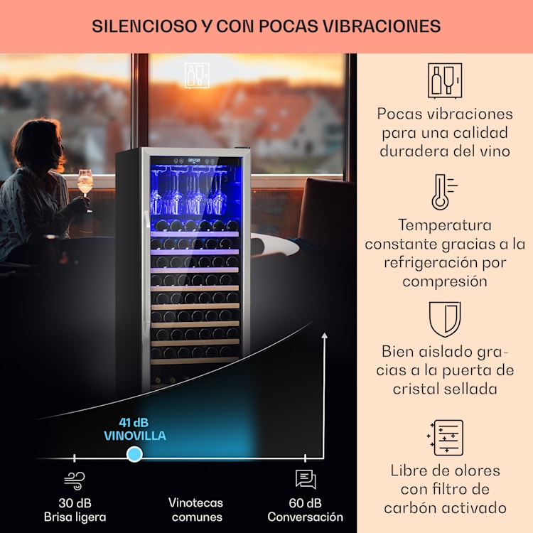 Vinovilla Grande 127 Frigorífico empotrable y espacioso para vino 320 L 127 botellas Acero inoxidable LED 127 botellas | 1 zona de refrigeración | Acero Inoxidable