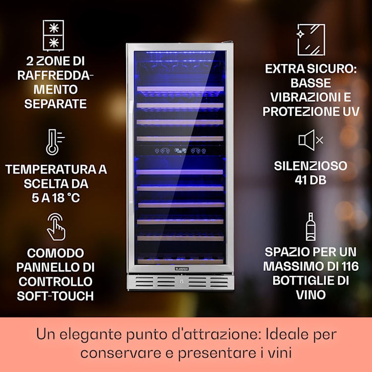 Vinovilla Grande 116 Built-in Uno Frigorifero per vini ampio 310l 116 Bottiglie LED 116 bottiglie | 2 zone di raffreddamento | Nero