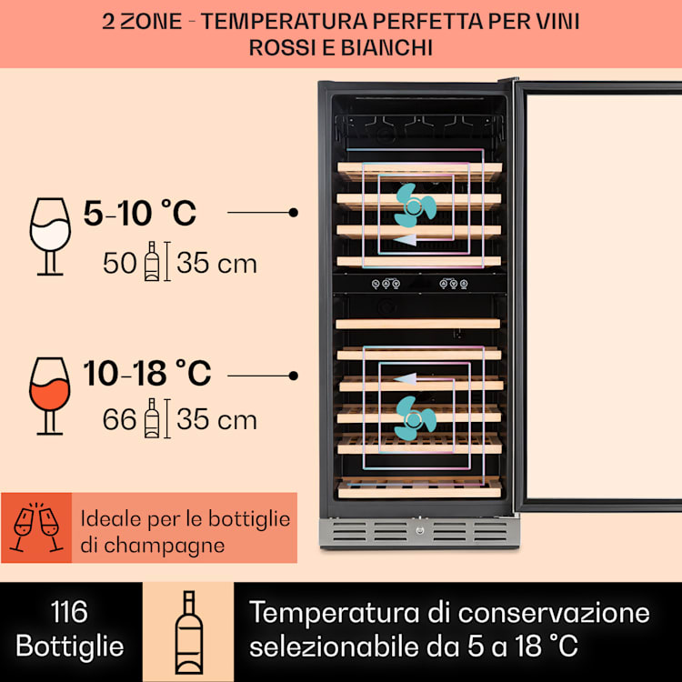 Vinovilla Grande 116 Built-in Uno Frigorifero per vini ampio 310l 116 Bottiglie LED 116 bottiglie | 2 zone di raffreddamento | Nero