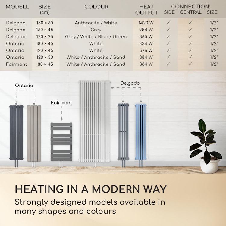 Delgado 120 x 25, radiator, 508 W, apă caldă, 1/2 ", 4 - 10 m², gri 120 x 25 cm
