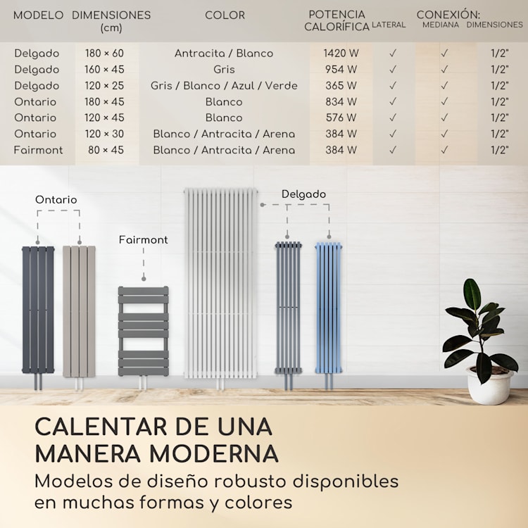 Delgado 160 x 45 Radiador de agua de 822 W 1/2" 8-20m² Gris 160 x 45 cm