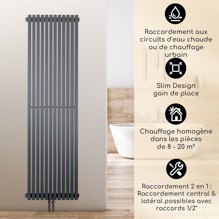 Delgado Radiateur à eau chaude 822W montage mural pour 20m² - Gris 160 x 45 cm
