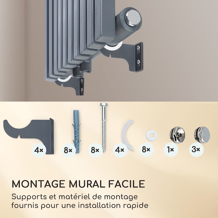 Delgado Radiateur à eau chaude 822W montage mural pour 20m² - Gris 160 x 45 cm