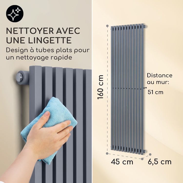 Delgado Radiateur à eau chaude 822W montage mural pour 20m² - Gris 160 x 45 cm