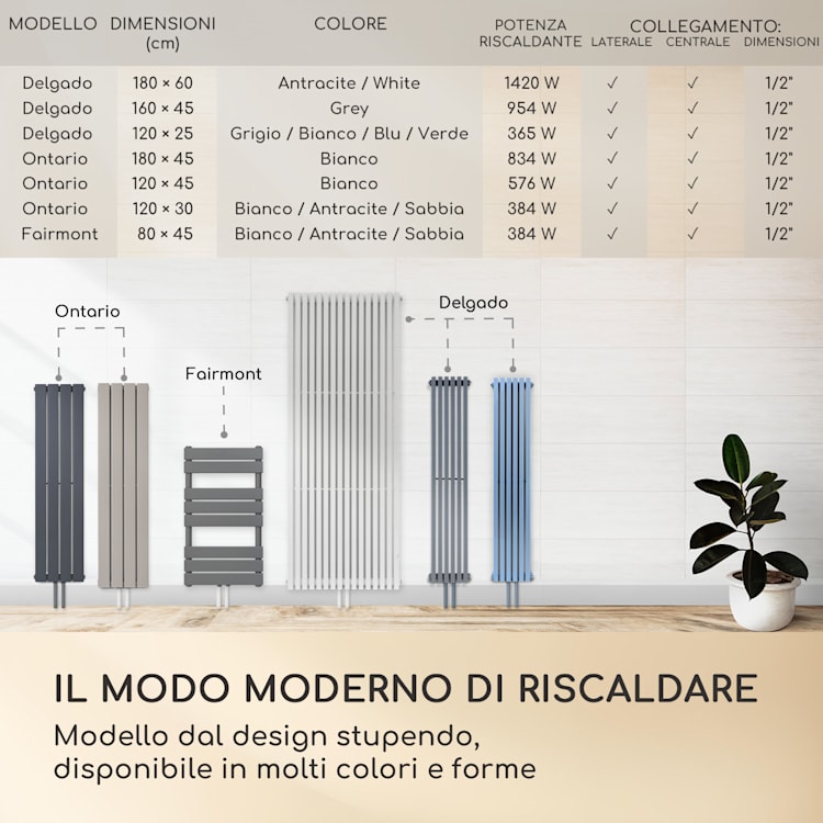 Delgado 160 x 45 Termosifone 822W Collegamento 1/2" 8-20m² grigio 160 x 45 cm