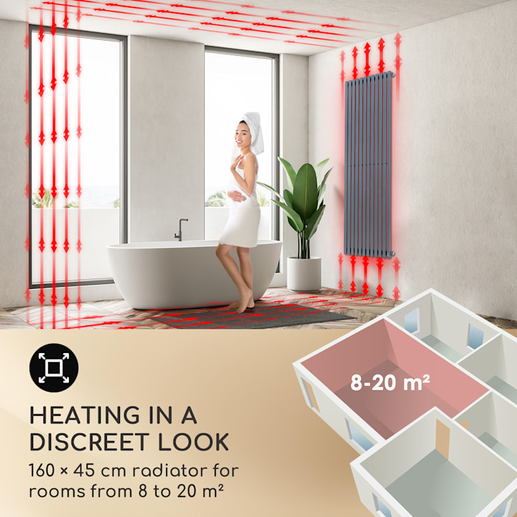 Delgado 160 x 45 -lämmitin 822 W lämminvesi 1/2" 8–20 m² harmaa 160 x 45 cm