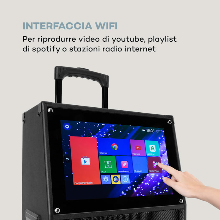 KTV impianto karaoke 15,4" display touch 2UHF Mic WiFi BT USB SD HDMI trolley 15,4" | Nero