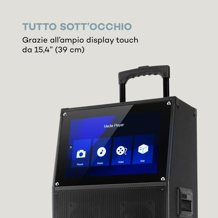 KTV impianto karaoke 15,4" display touch 2UHF Mic WiFi BT USB SD HDMI trolley 15,4" | Nero