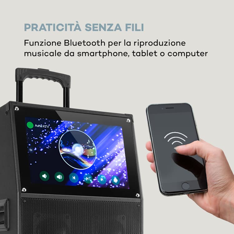 KTV impianto karaoke 15,4" display touch 2UHF Mic WiFi BT USB SD HDMI trolley 15,4" | Nero