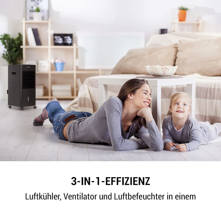Freshboxx 3-in-1 Luftkühler Ventilator Luftbefeuchter | 65 W | 360 m³/h | 3 Windstärken | 6 Liter | 2 Kühlakkus | Oszillation | mobil Schwarz