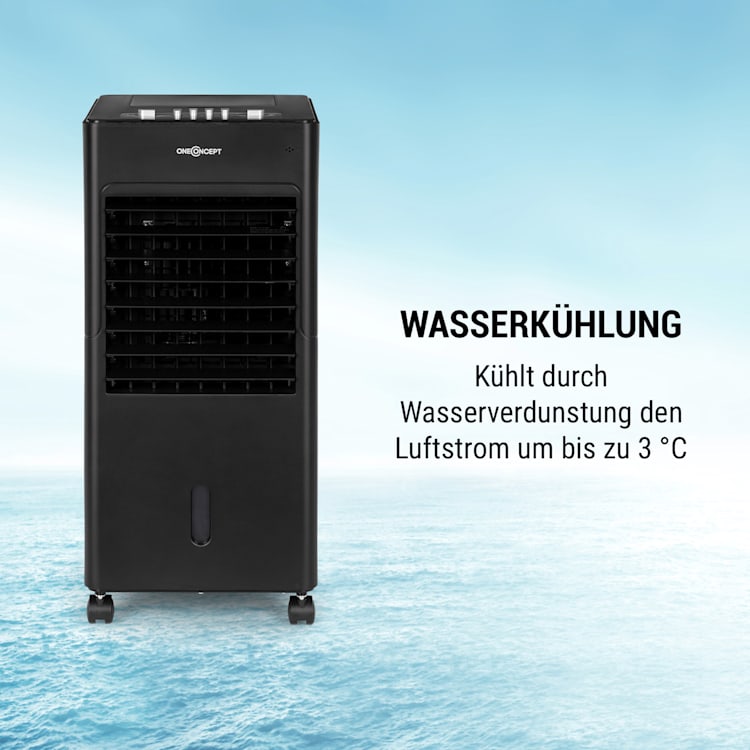 Freshboxx 3-in-1 Luftkühler Ventilator Luftbefeuchter | 65 W | 360 m³/h | 3 Windstärken | 6 Liter | 2 Kühlakkus | Oszillation | mobil Schwarz
