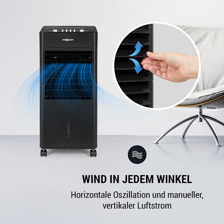 Freshboxx 3-in-1 Luftkühler Ventilator Luftbefeuchter | 65 W | 360 m³/h | 3 Windstärken | 6 Liter | 2 Kühlakkus | Oszillation | mobil Schwarz