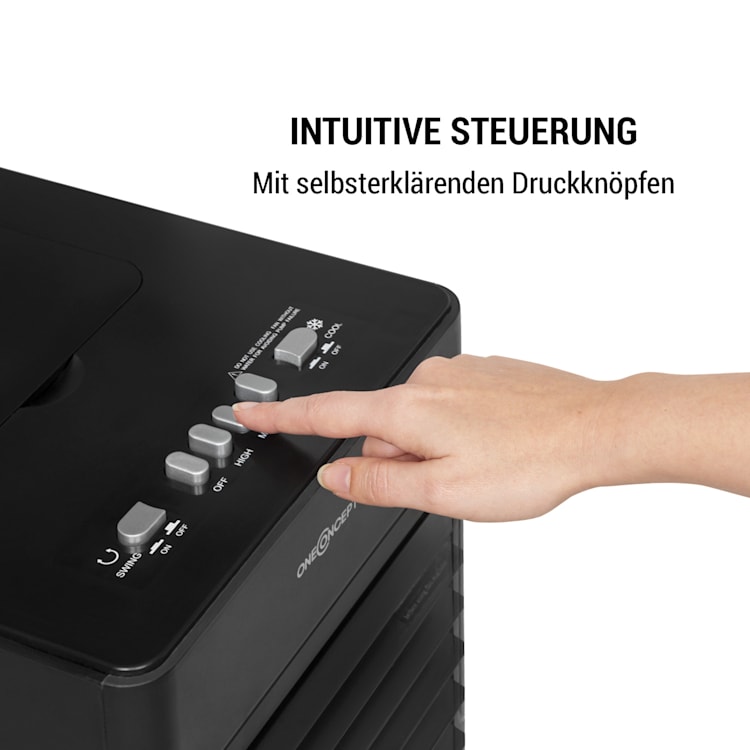 Freshboxx 3-in-1 Luftkühler Ventilator Luftbefeuchter | 65 W | 360 m³/h | 3 Windstärken | 6 Liter | 2 Kühlakkus | Oszillation | mobil Schwarz