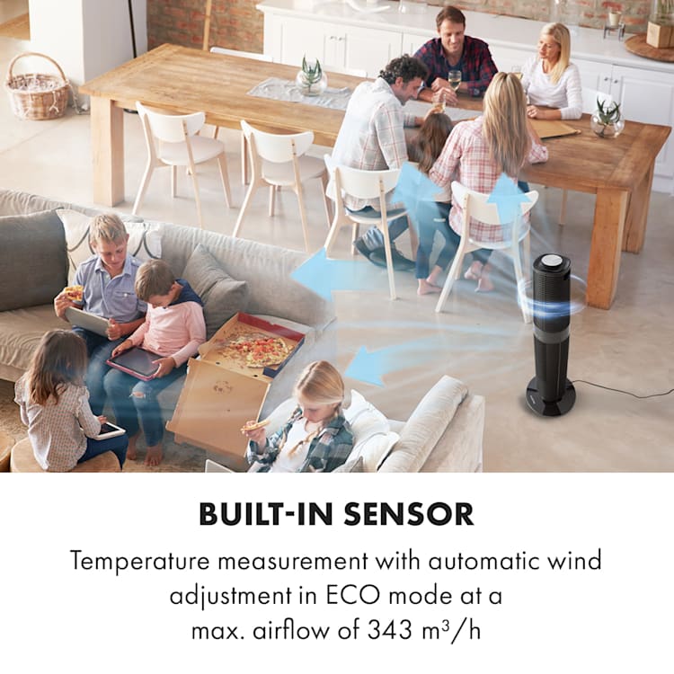 Twister, stĺpový ventilátor, 45W, oscilácia, max. 343m³/h, 4 režimy, čierny