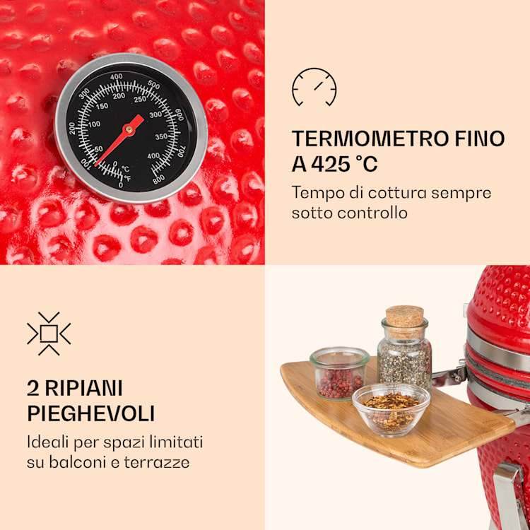Princesize Pro Barbecue in ceramica Kamado 13" (33cm) termometro elementi laterali rosso Rosso