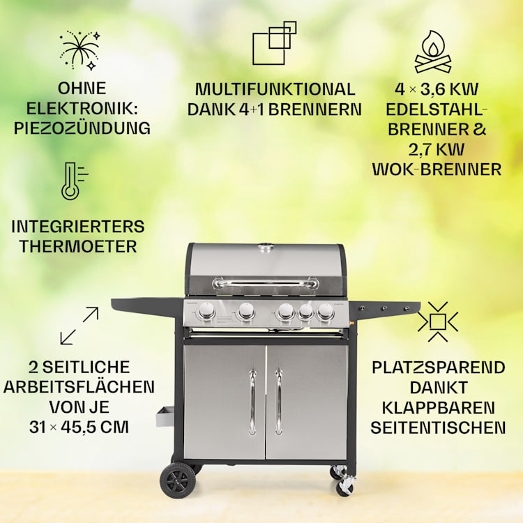 Tomahawk Gasgrill 4x3,6 kW + 2,7 kW Brenner 66x43,5 cm Grill Edelstahl
