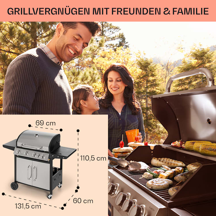 Tomahawk Gasgrill 4x3,6 kW + 2,7 kW Brenner 66x43,5 cm Grill Edelstahl