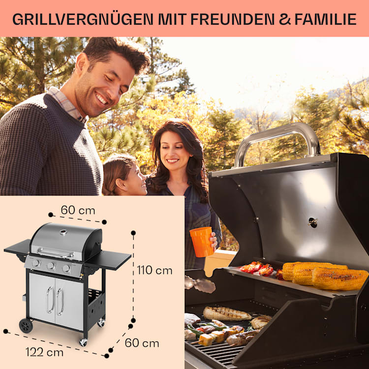 Tomahawk Gasgrill 3 x 3,6 kW Brenner 60 x 43,5 cm Grill Edelstahl